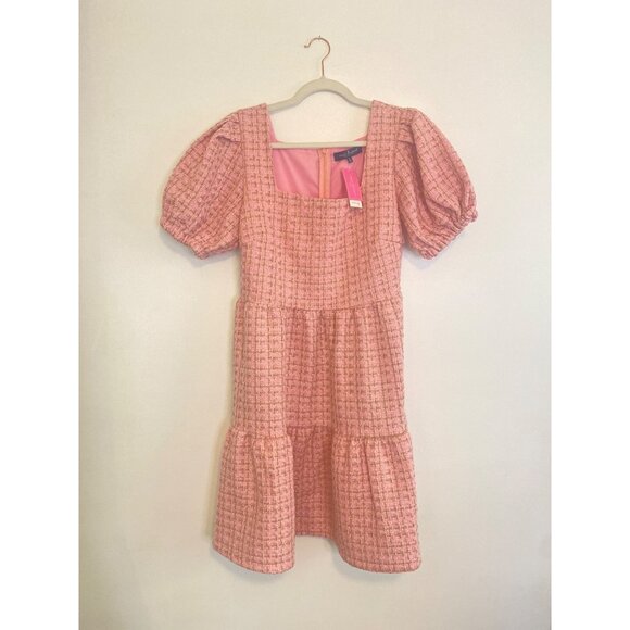 Simply Southern Puff Sleeve Tiered Tweed Dress Size L Pink With Gold Accents - Picture 1 of 8